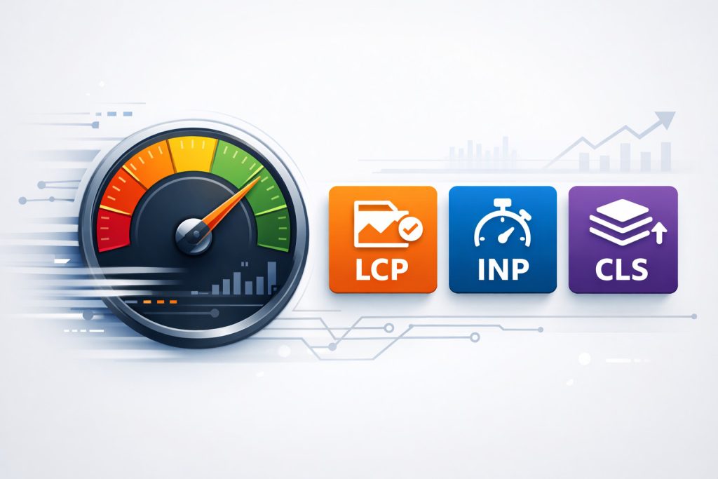 Imagem sobre Core Web Vitals em 2026 com medidor de velocidade e indicadores de LCP, INP e CLS para performance, SEO e conversão.