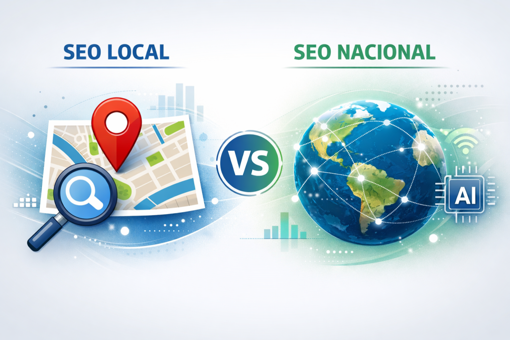 Ilustração comparando SEO local e SEO nacional em 2026 com ícones de mapa, globo e busca, aplicada a estratégias para B2B e e-commerce.