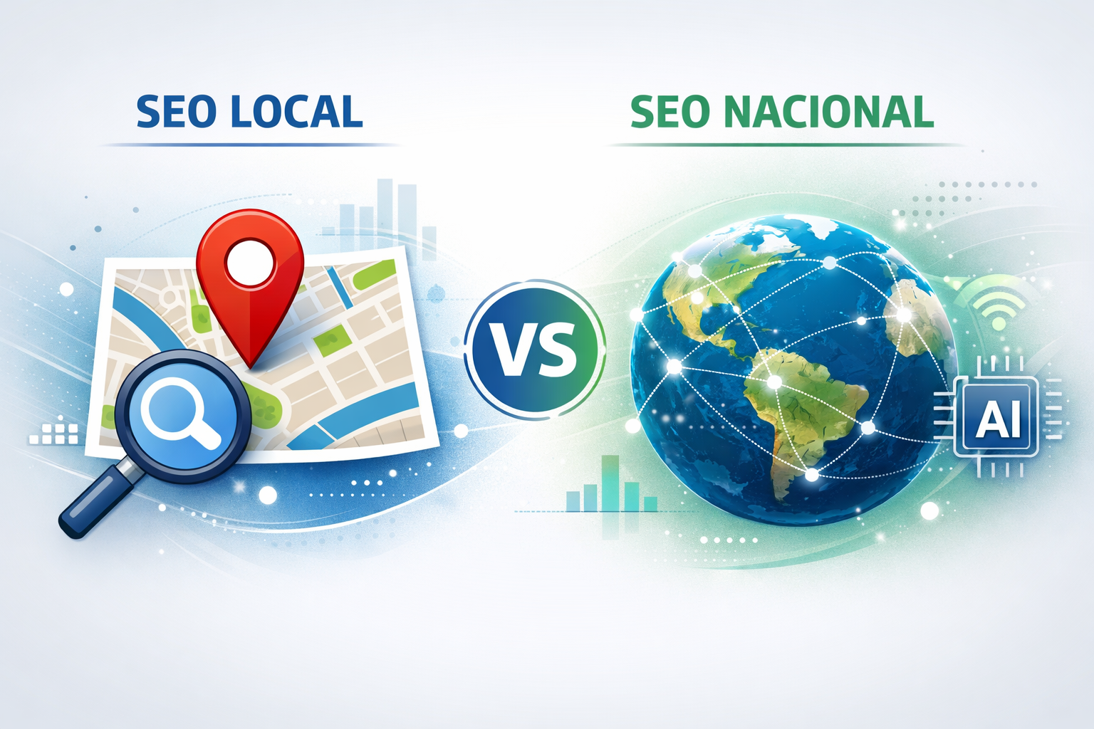 Ilustração comparando SEO local e SEO nacional em 2026 com ícones de mapa, globo e busca, aplicada a estratégias para B2B e e-commerce.