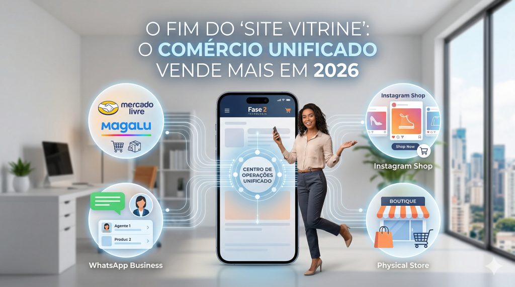 Infográfico moderno mostrando um smartphone centralizado conectando ícones de sacola de compras, chat de WhatsApp, redes sociais e um painel de estoque, representando o conceito de comércio unificado.