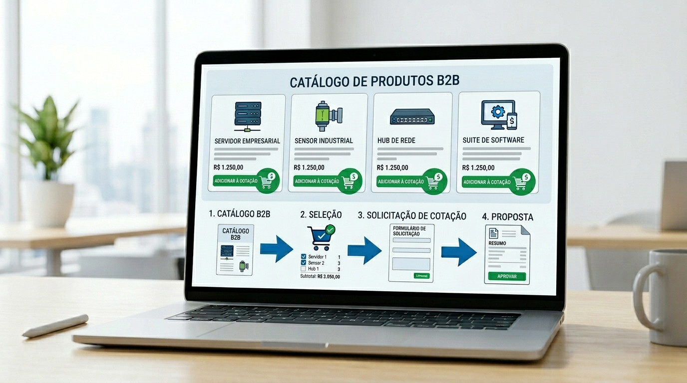 Ilustração de e-commerce B2B com catálogo digital e carrinho de orçamento, representando geração de pedidos e solicitações de cotação.