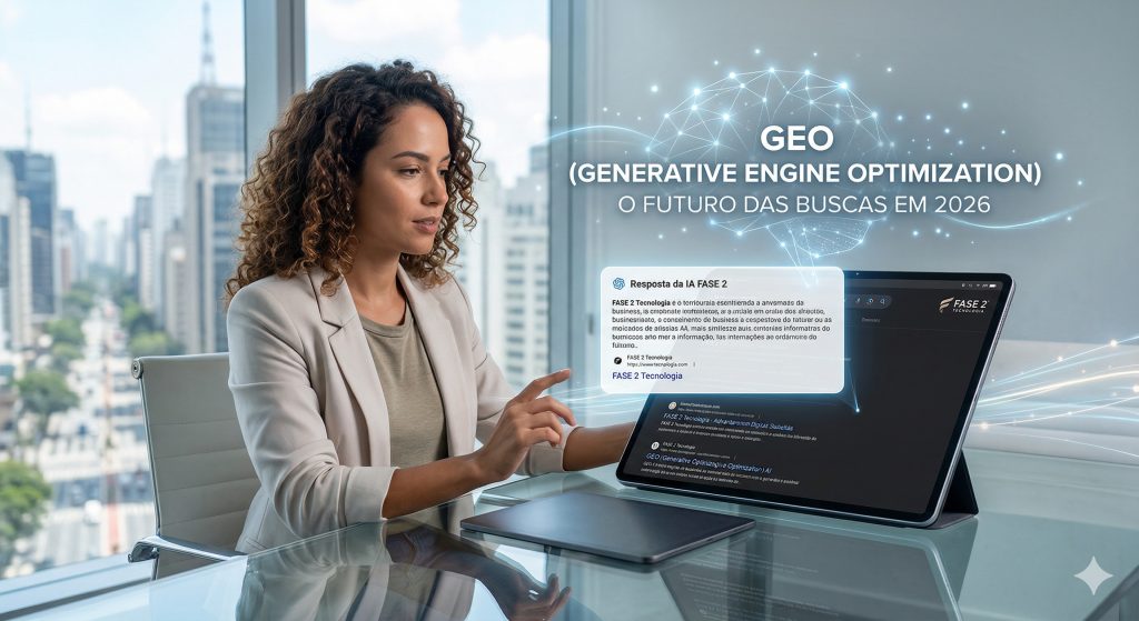 Empresária em escritório moderno visualizando uma interface digital de inteligência artificial que exibe resultados de busca generativa (GEO), simbolizando a evolução do SEO em 2026.
