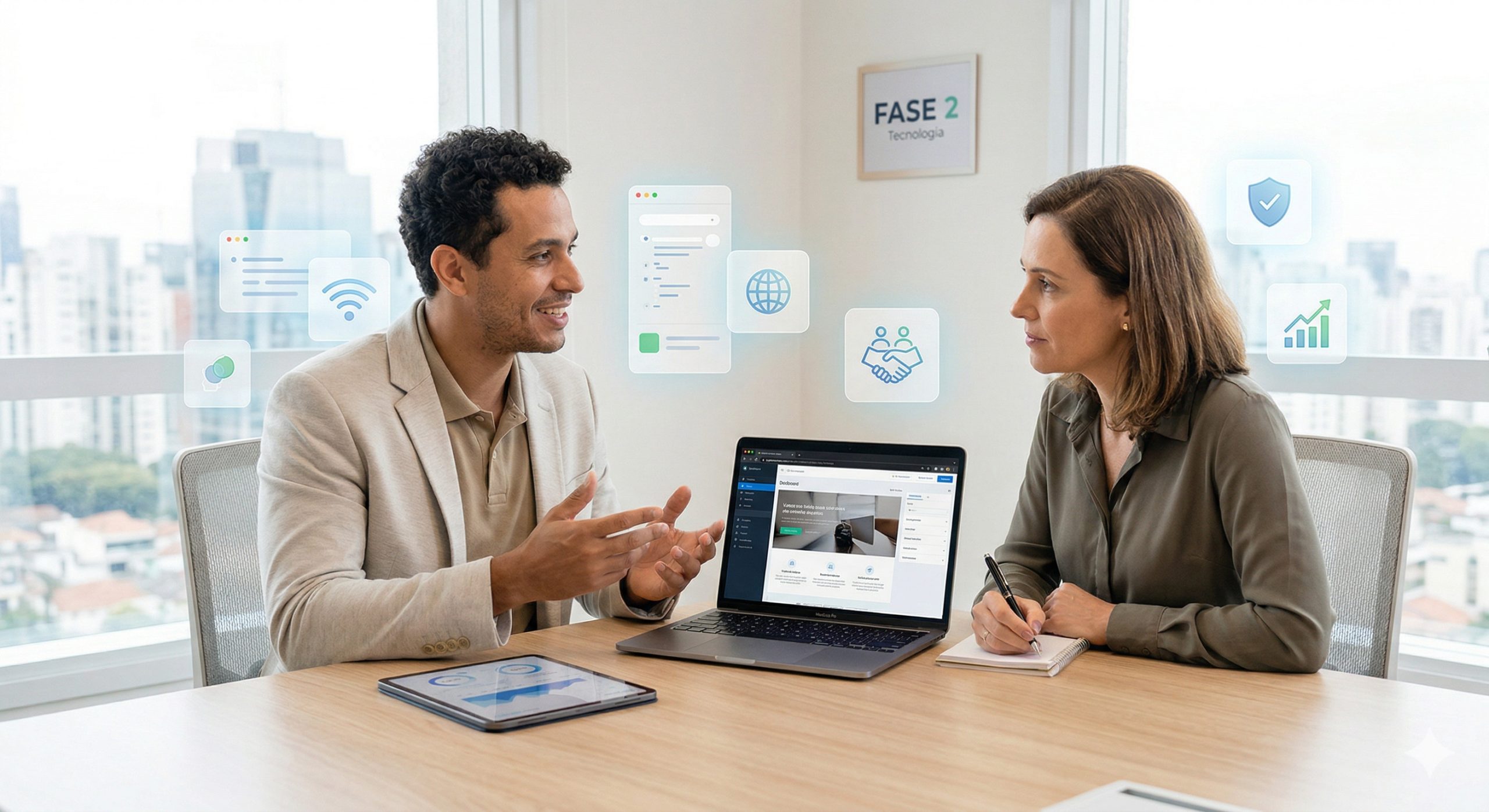 Foto de alta qualidade de uma reunião de consultoria estratégica entre um especialista em tecnologia e um empresário, com elementos digitais sutis flutuando, representando a união entre tecnologia avançada e o toque humano.