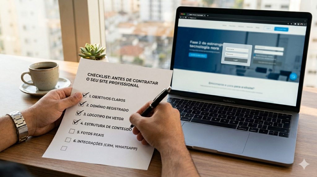 Visão em close de uma mão masculina com relógio marcando checkmarks com uma caneta preta em um checklist físico titled 'CHECKLIST: ANTES DE CONTRATAR O SEU SITE PROFESSIONAL', ao lado de um notebook exibindo o logotipo da FASE 2 Tecnologia centered na tela.